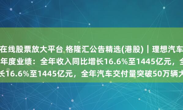 在线股票放大平台 格隆汇公告精选(港股)︱理想汽车-W(02015.HK)公布年度业绩：全年收入同比增长16.6%至1445亿元，全年汽车交付量突破50万辆大关